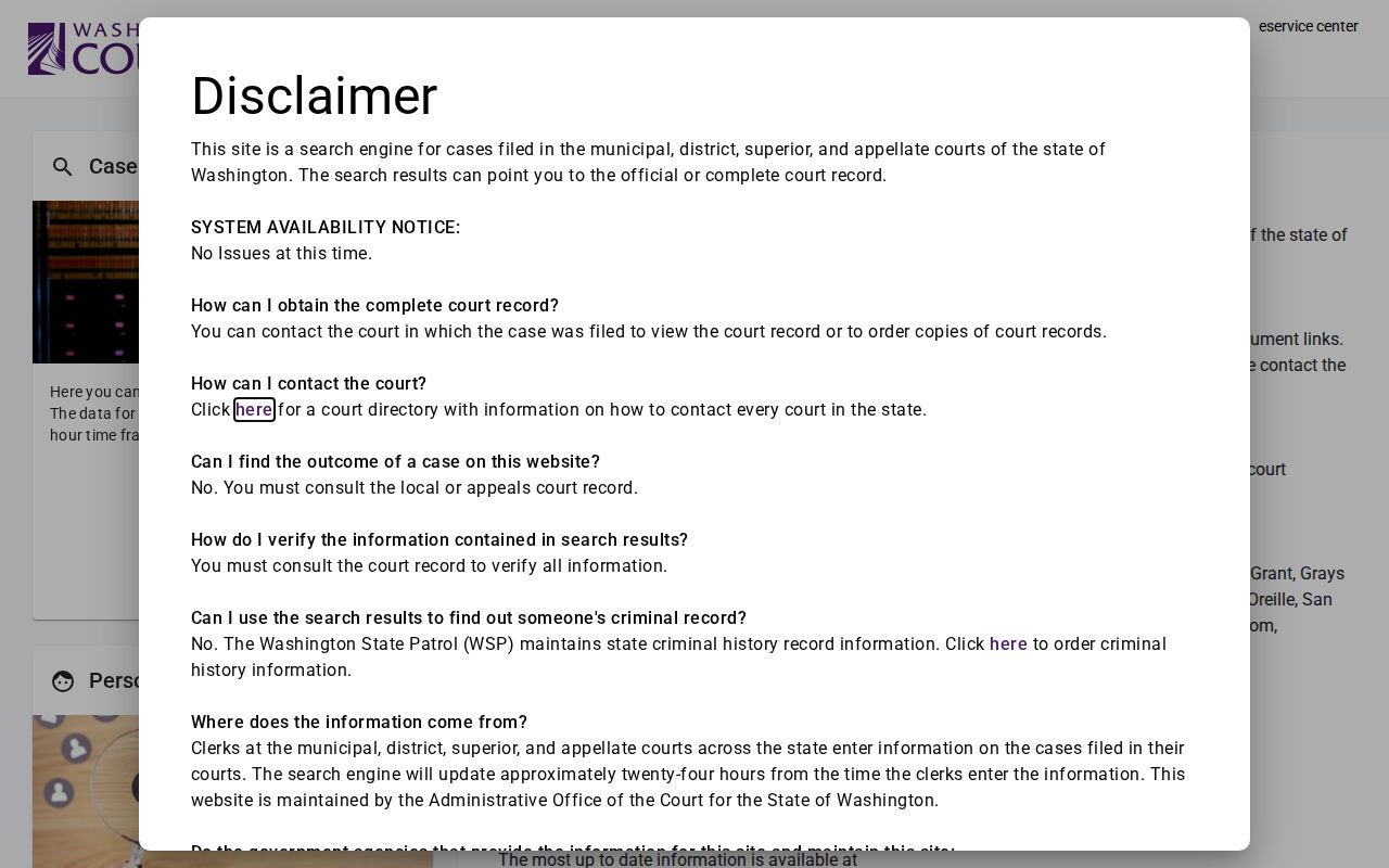 Washington Courts Mason County criminal case search interface