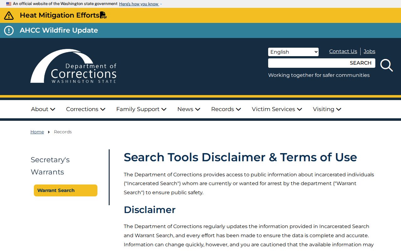 DOC warrant disclaimer for Mason County record verification
